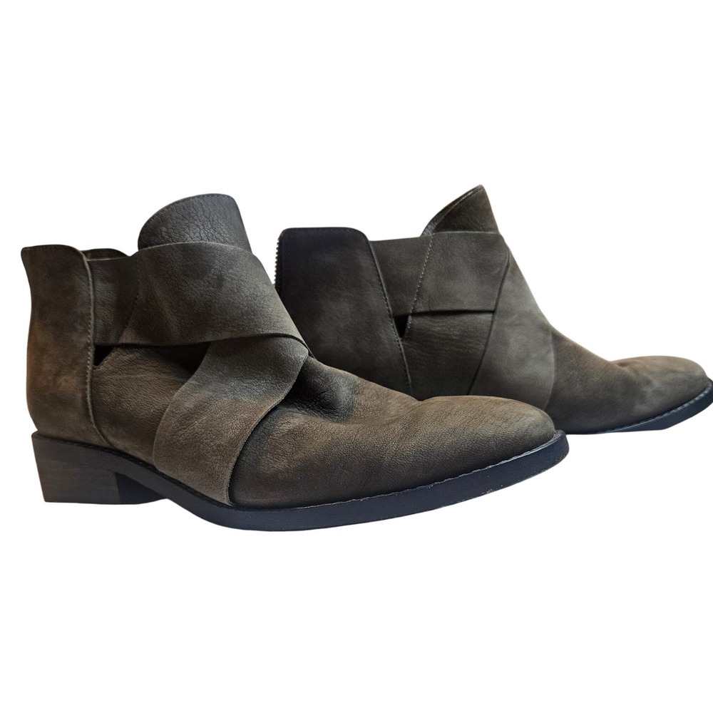 Eileen Fisher Gray Nubuck Leather Crisscross Ankle Booties Boots US 8.5